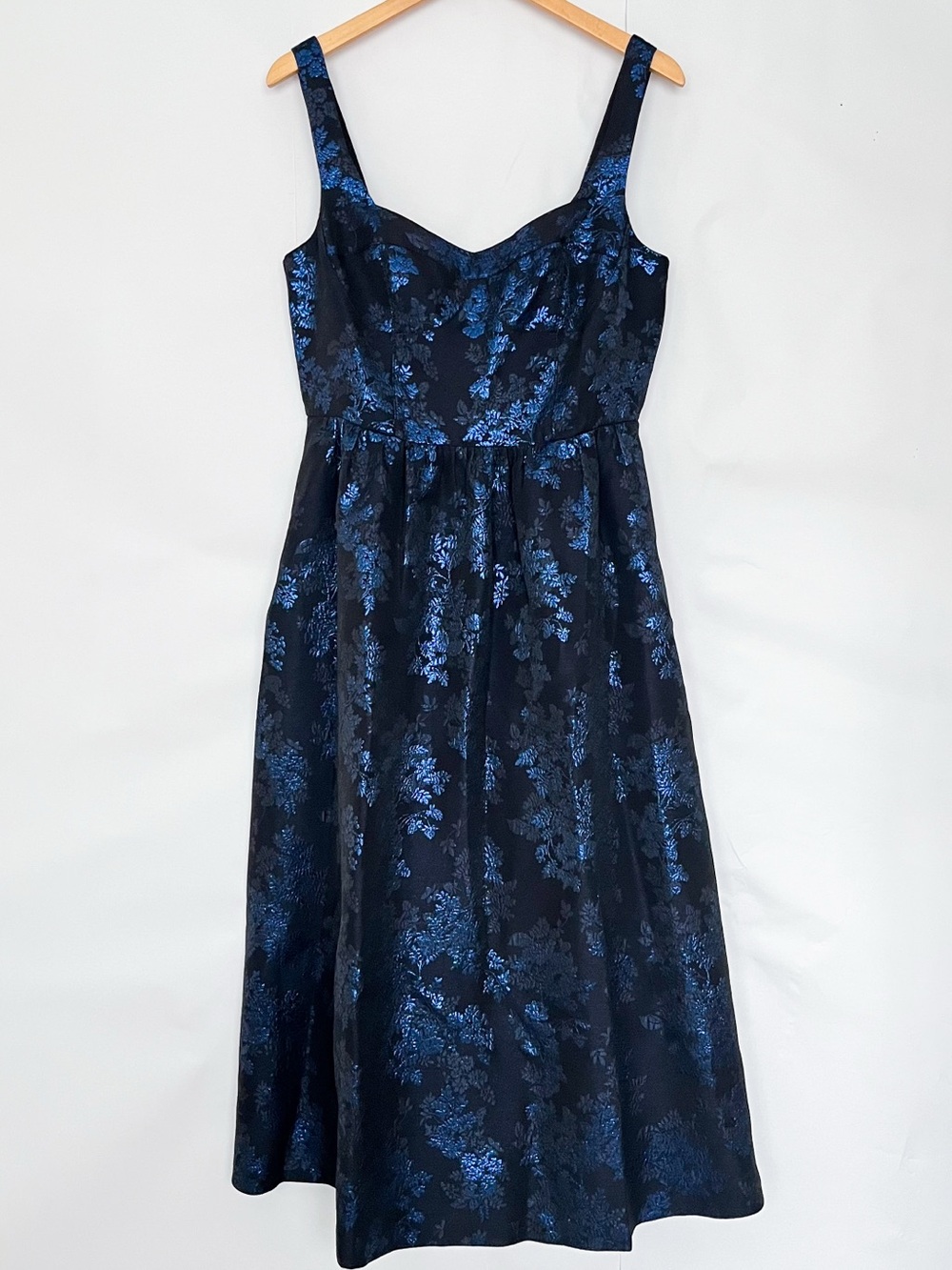 Loft Floral Brocade Jacquard Corset Seamed Midi Dress Pockets Size 8 Black Blue
